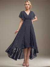 A-line V-Neck Asymmetrical Lace Chiffon Mother of the Bride Dress With Pleated